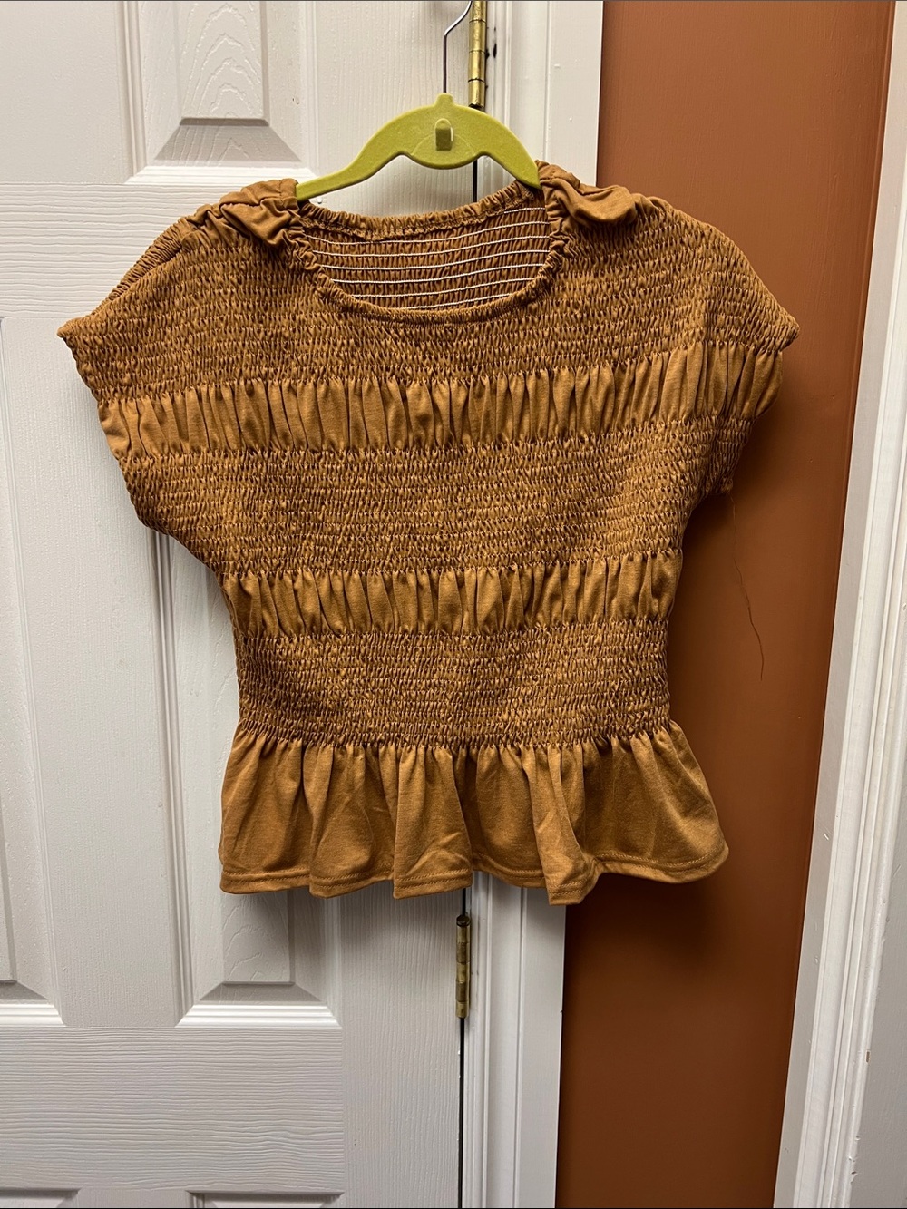 Smocked Peplum Short-Sleeve Top in Chestnut
